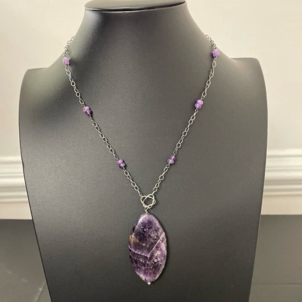 Sterling‎ Silver & Amethyst Necklace Polished Stone Pendant Marked NF 925